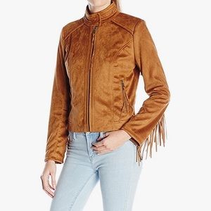 French Connection Women's XL Faux Suede Jacket with Fringe Sleeves